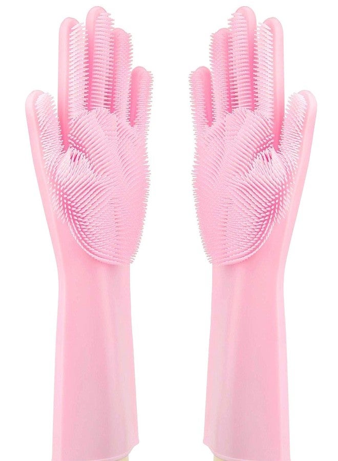 N M Z Silicone Kitchen Magic Gloves for Dishwashing Rubber Dish Washing with Brush Cleaning Scrubber Pinkcolor - Image 1